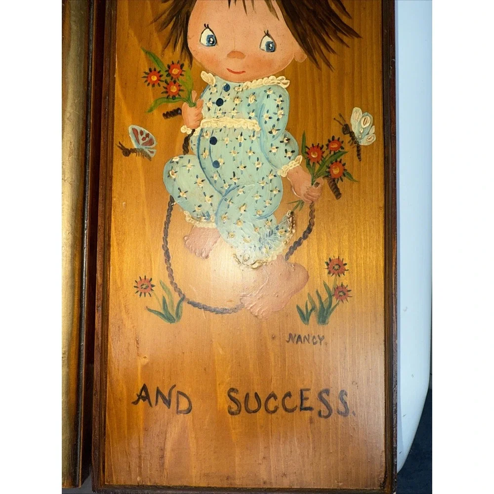 Vtg 1971 Folk Art Little Girls Wooden Wall Art Adorable Kitsch #2525